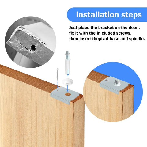 Illustration of Boss Bifold Door Repair Kit installation on 1-3/8 inch wood door with pivot bracket and screws.