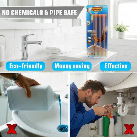 Drain Weasel 18 Inch Flexible Hair Clog Remover Tool Kit For Sinks Showers And Tubs shown with drain illustrations