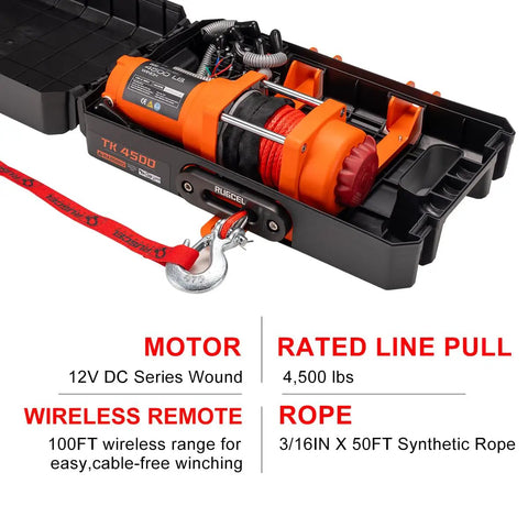 Portable 4500lb 12V DC Electric Winch With Synthetic Rope And Hawse Fairlead, Steel Mounting Plate, Infrared Remote Control, Toolbox Included For ATV UTV Applications, Ready To Pull You Outta Any Jam, shown in plastic toolbox