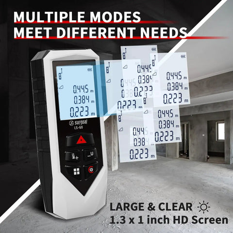 Backlit Laser Distance Meter With 0.5 Second Readings, Measures Up To 328 Feet, Ultra Accurate 2mm Precision, Class 2 Laser, Handy Multi Mode Range Finder For DIY, Construction, Real Estate, And Interior Design, 1.3x1 inch HD screen