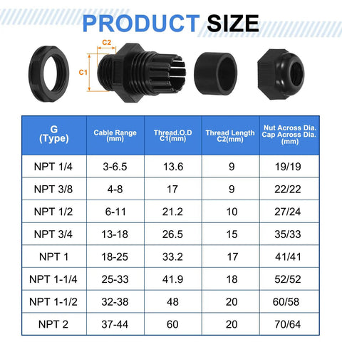 Product dimensions of Six Piece NPT One And A Half Inch Nylon Cable Glands Waterproof Cord Grip Connector for 32-38 mm wires.