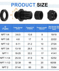 Three Piece Nylon Cable Glands Set NPT 1.5 Inch Waterproof Cord Grip Connector With Adjustable 32 To 38 Mm Wire Grommet Protectors Gaskets And Locknut For Junction Box Black size chart