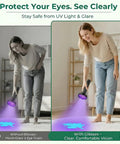 Woman using Powerful 100 LED UV Black Light Flashlight 395nm for pet urine detection on carpet, with and without glasses.