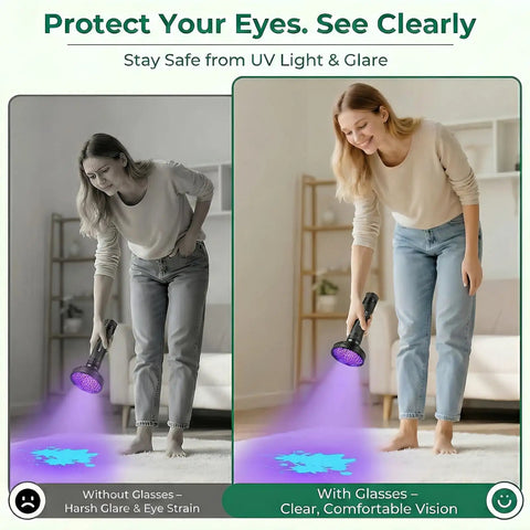 Woman using Powerful 100 LED UV Black Light Flashlight 395nm for pet urine detection on carpet, with and without glasses.