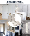 Satin self-closing door hinge set, 5/8-in radius, adjustable spring-loaded, 3-pack; installed and close-up views.