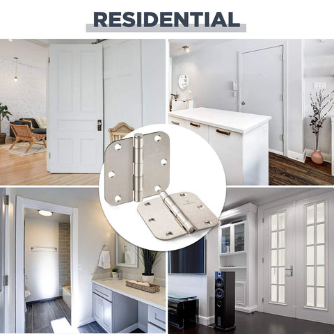 Satin self-closing door hinge set, 5/8-in radius, adjustable spring-loaded, 3-pack; installed and close-up views.