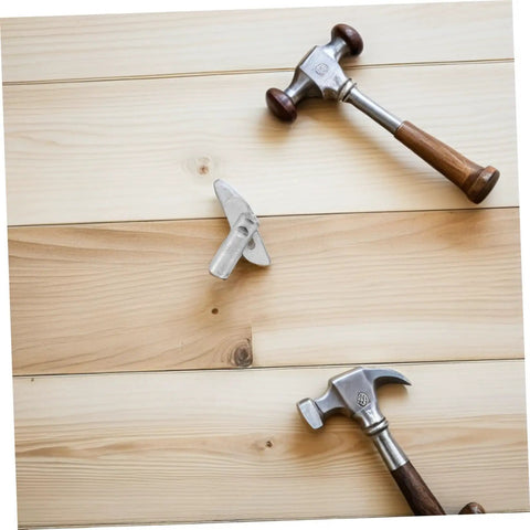 Rugged As Nails Scaffolding Locking Pins Made From Heavy Duty Steel Q235 Set Of Twenty Detachable Coupling Fasteners on wooden boards with hammers.