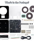 DIY Light Sensitive Shooting Target Kit For Soldering Practice parts spread out, includes electronic components and digital displays.