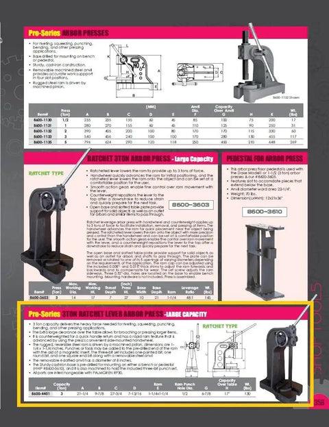 Heavy Duty 3 Ton Ratchet Arbor Press Featuring Rapid Ram Action And Counterweighted Handle, illustration with specs and dimensions.