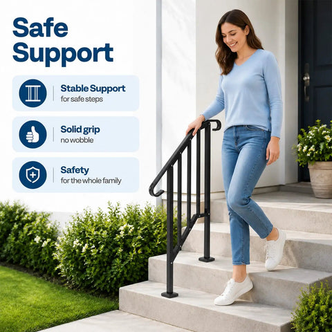 Adjustable 2 Pack Outdoor Stair Handrail Kit Tough As Nails Built With Galvanized Steel And Black Powder Coated Industrial Pipe Style Featuring Rugged Balusters for safe step support on concrete stairs.