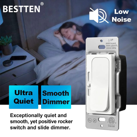 Five Pack Ultra Slim Quiet Dimmer Switches, Smooth Slide Dimming For Single Pole And 3 Way Wiring, Compatible With LED
