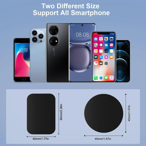 Image showing 12 Pack Ultra Thin Metal Plates For Magnetic Car Mounts 6 Round And 6 Rectangular Durable Non Magnetic Plates With Strong 3M Adhesive Universal Fit For Smartphones And Tablets Easy Install Slim Ridiculous Grip, displayed with smartphones.
