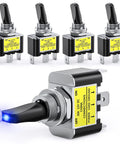 Five Pack Blue LED Toggle Switches 12V 30A SPST With 3 Pin Blade Terminals For Car Boats ATVs RV DIY Projects 12mm Mounting Hole Bright Indicator Lights On Off, black toggle switch set