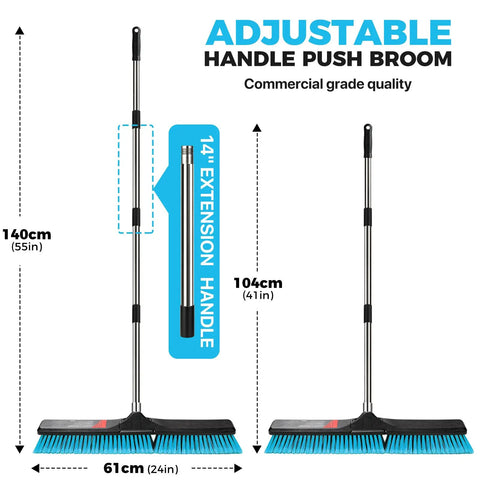 Adjustable handle on 24 Inch Heavy Duty Push Broom With Stainless Steel Handle For Outdoor Commercial Sweeping And Patio Cleanup.