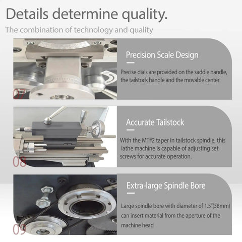 Details of Jaryannix 8 X 24 Inch Metal Lathe Benchtop Machine showing precision scale, accurate tailstock and extra-large spindle bore.