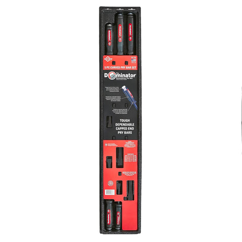 Dominator Pry Bar Set Five Piece Curved Pry Bars With Ergonomic Dual Composite Handles Black Oxide Finish packaging