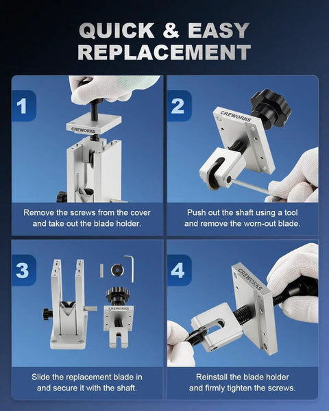 Pro-Grade Replacement Blade for Copper Wire Strippers installation guide, showing step-by-step process with included tools.