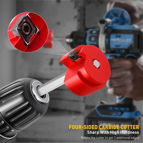 PVC Pipe Reamer With 1-1/2 Inch Aluminum Head and 0.315 Hex Shaft attached to drill, showing four-sided carbide cutter detail