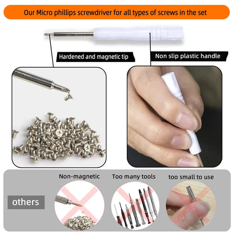 Micro screwdriver with magnetic tip and screws from 1100Pcs Micro Screw Kit For Eyeglasses And Sunglasses Repair With Magnetic Phillips Screwdriver And Tweezers 11 Size Sets Nose Pads Included For Watches Jewelry And Cell Phones Pro Grade Gear For Quick Fixes