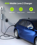 Level 2 Electric Vehicle Charger 40 Amp 9.6 Kw J1772 Connector mounted on wall charging a blue car with adjustable cord.