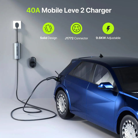 Level 2 Electric Vehicle Charger 40 Amp 9.6 Kw J1772 Connector mounted on wall charging a blue car with adjustable cord.