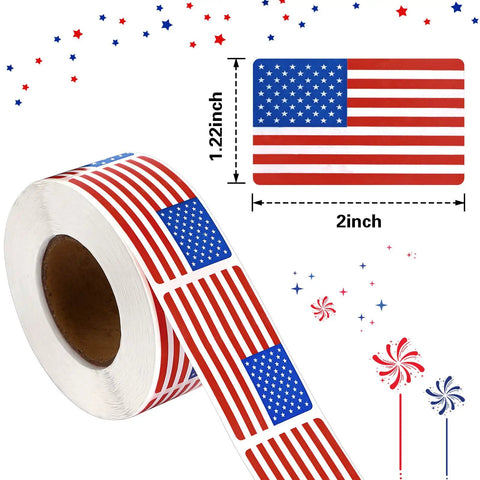500 Count American Flag Stickers Roll Pack 1.22 X 2 Inches Red White and Blue Patriotic Decals for Memorial Day 4th of July