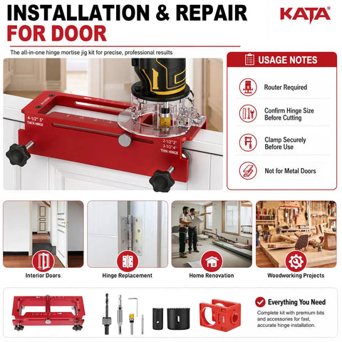 Top Shelf Door Hinge Mortise Jig And Lock Installation Kit For Interior Wood Doors showing red jig for precise routing on wood.