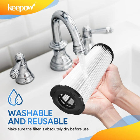 Dirt Devil F1 Vacuum Filter Replacement 3 Pack Compatible With Featherlite Bagless Upright Vacuums shown being washed under faucet