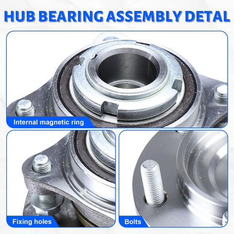 Close-up of Front Wheel Bearing Hub Assembly Set 2x 950-004 details, showing bolts, fixing holes, and magnetic ring for midsize trucks.
