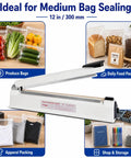 Heavy Duty Impulse Heat Sealer With 12 Inch Seal Bar And Built In Cutter Adjustable Temp For Plastic Bags Zero Hassle Easy Packaging Tool with produce bags and apparel.