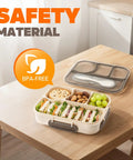 Workhorse Four Compartment Bento Box for Adults, 1000ml Capacity, open on table with food, BPA-free label visible