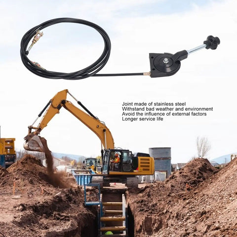 3.5 Meter Quick Release Manual Throttle Cable With Pivot Joint For Excavators And Heavy Equipment Responsive Throttle Control For Faster Engine Response And Smooth Acceleration In Construction And Industrial Machinery. 3.5 m PU throttle cable with stainless steel joint, shown with excavator