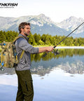 Man fishing by mountain lake, using All In One Telescoping Fishing Rod And Reel Kit With Backpack For Men Grab And Go Travel Ready.