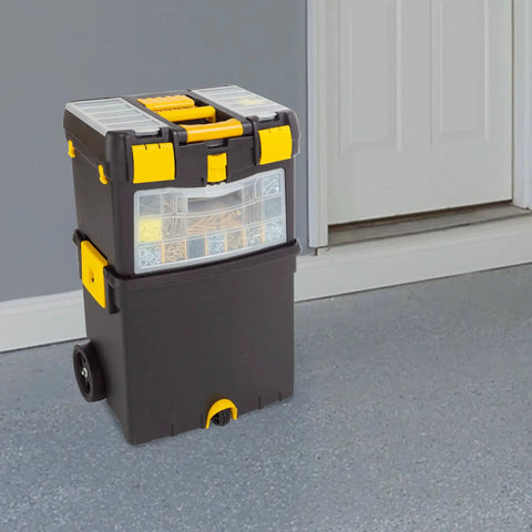 Rolling Tool Box With Wheels And Foldable Comfort Handle Removable Top And Deep Bottom Storage Stackable Organizers With 24 Compartments Two Removable Trays Cable Hooks For On The Go Tasks in a garage setting