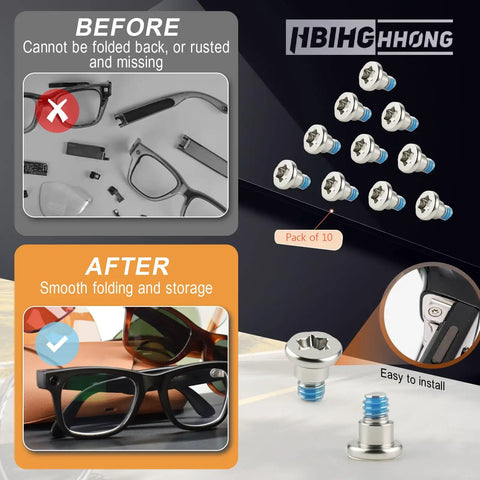 Smart Glasses Repair Kit With Ten Precision Screws And Dedicated Screwdriver showcasing screws and eyewear frames before and after repair.