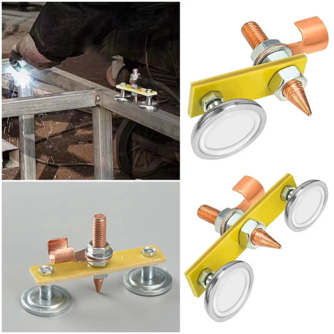 2 Pack Magnetic Ground Clamp for Welders with copper tail and suction head in use and close-up view