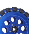Omni Wheel Dual Set For DIY Robotics 8 Inch 203mm Aluminum Hub With 18 Silicone Rollers, close-up view of blue wheel.