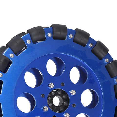 Omni Wheel Dual Set For DIY Robotics 8 Inch 203mm Aluminum Hub With 18 Silicone Rollers, close-up view of blue wheel.