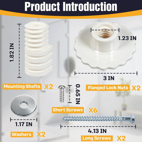 Universal Grab Bar Mounting Kit For Fiberglass Showers With Adjustable Spacers Compatible With Major Brands Easy No Sweat Wall Install Heavy Duty Safety Hardware Set components including screws and mount shafts.