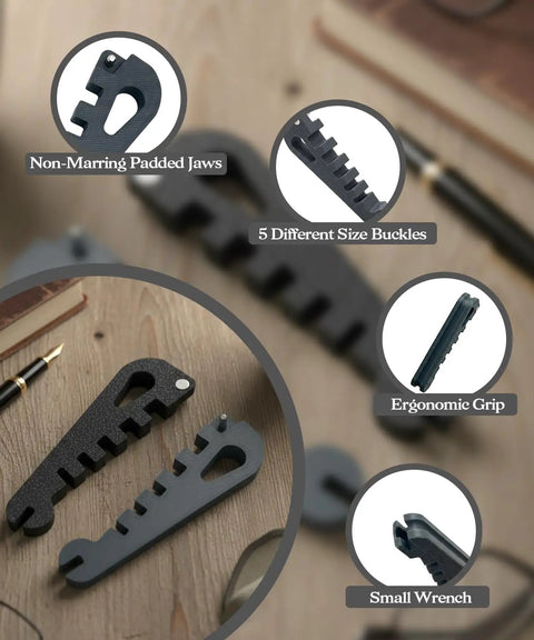 Eyeglass Curvature Adjuster Kit For Comfortable Fit Frame Bender Temple Arm Shaper Nose Pad Adjuster No-Hassle DIY Glasses Repair Set With 3-in-1 Mini Screwdriver, showing tools with ergonomic grip and multiple jaw sizes on a wooden table.