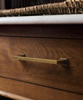 Antique brass cabinet pull on wooden drawer, from 10 Pack Antique Brass Cabinet Pulls With 3 Inch Center Hole Retro Vintage Square Drawer Pulls.