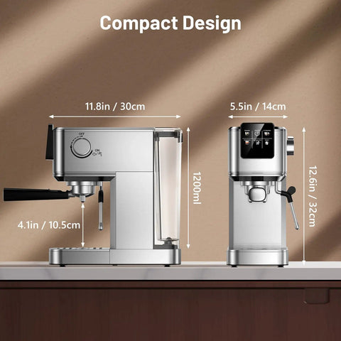 Premium Stainless Steel Espresso Machine 20 Bar With Touch Screen And Steam Wand Milk Frother For Cold Brew And Hot Iced Coffee, compact design.