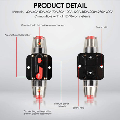 Beefy 60 Amp Circuit Breaker Switch With Waterproof Inline Fuse Holder For 12V To 48V DC Car Audio, Marine, RV, Boat, Truck, And Bus