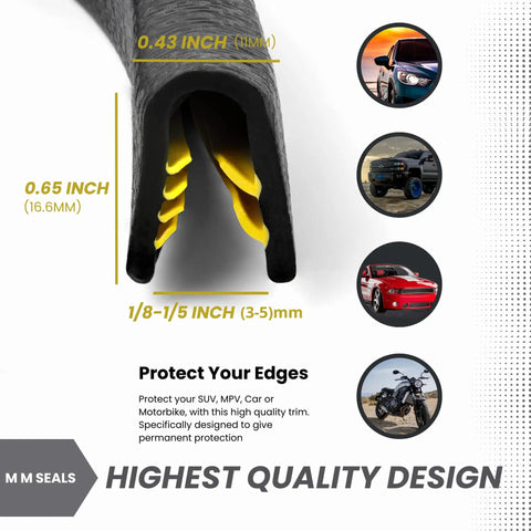 Durable Black Edge Trim For Quarter Inch Edges, Ten Feet Long, cross-section showing measurements and vehicle use.
