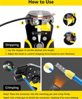 Three In One Wire Stripper Cutter And Crimper Kit With Auto Self Adjusting Mechanism in use, showing stripping and crimping.