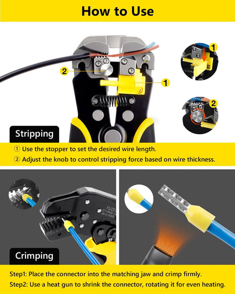Three In One Wire Stripper Cutter And Crimper Kit With Auto Self Adjusting Mechanism in use, showing stripping and crimping.