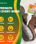 Person applying Crystal Clear Shoe Glue For Quick Fix And Strong Bond No Fuss Waterproof Adhesive to brown footwear