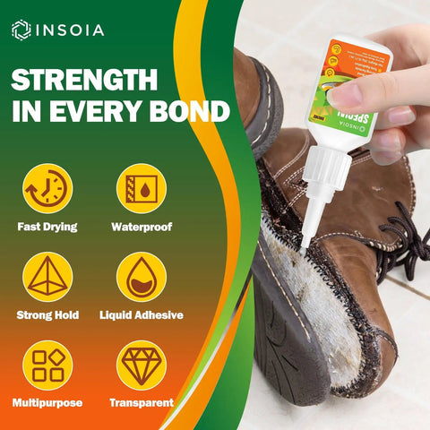 Person applying Crystal Clear Shoe Glue For Quick Fix And Strong Bond No Fuss Waterproof Adhesive to brown footwear