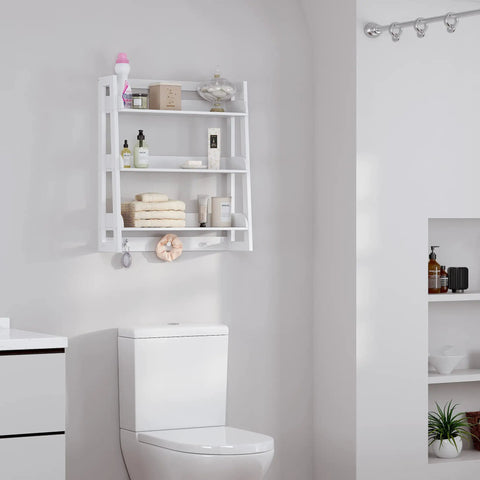 Over Toilet Bathroom Wall Shelf Organizer 3 Tier Wall Mount Shelf Rack With Hooks White Finish Space Saving Storage