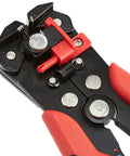 Close-up of Self Adjusting Wire Stripper And Crimping Tool For 10 To 24 AWG Wires, easy grip handle, black red finish